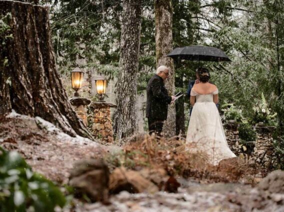 winter wedding ceremony while snowing